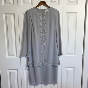 Cameron Blake Gray Embroidered Beaded Jacket Dress Size 8 Mother of Bride Formal